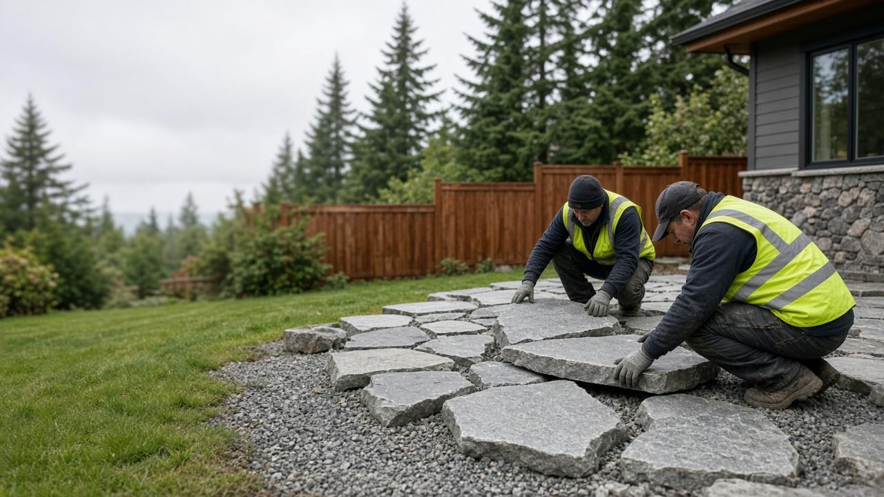 Professional patio installation crew working on a stone patio in Vancouver, BC