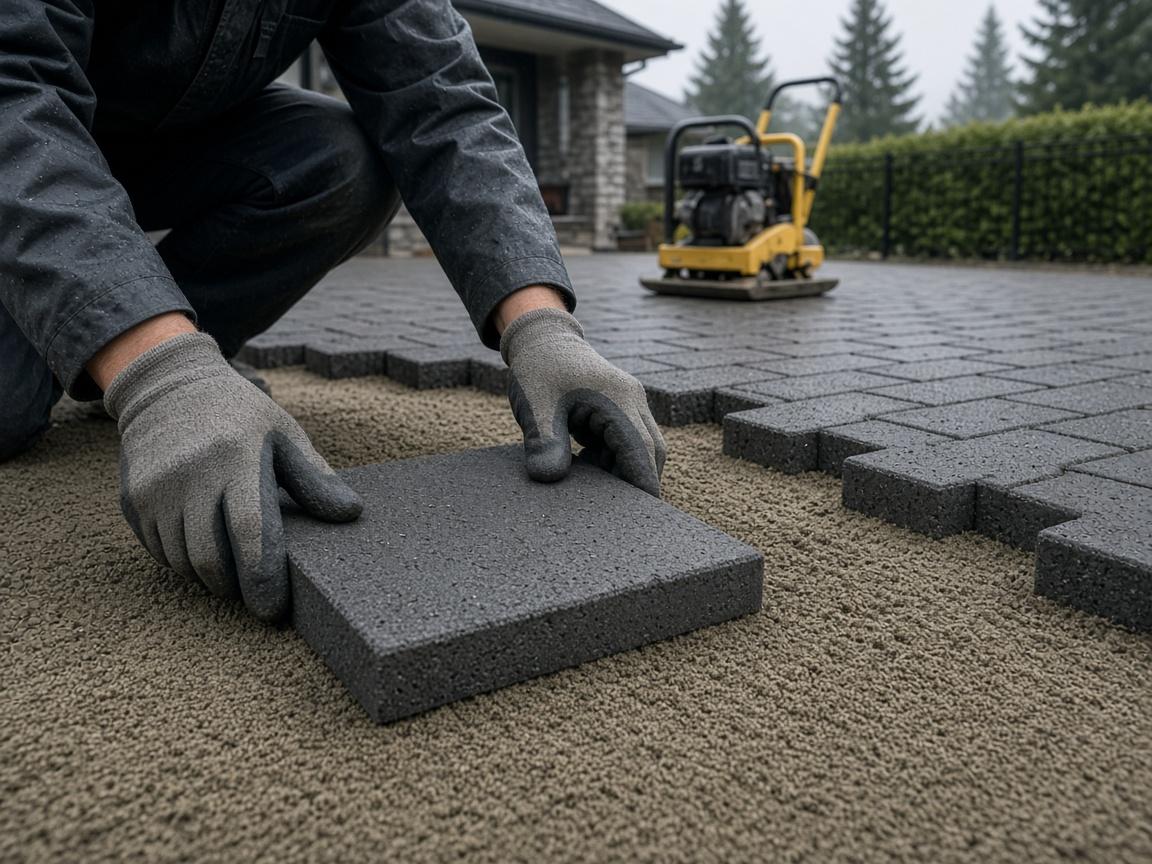 Hardscaping crew laying interlocking pavers on a Vancouver patio project